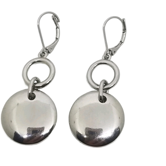 ANNE KLEIN VINTAGE SILVERTONE DISK DROP HOOK EARRINGS - Picture 3 of 5